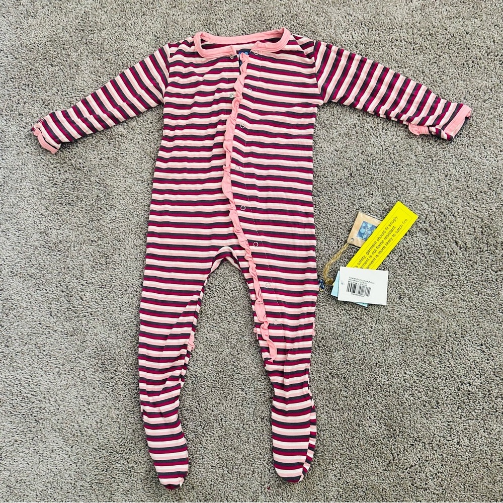 NWT Kickee Pants Stripe Ruffle Footie Pink Berry 12-18 months snap